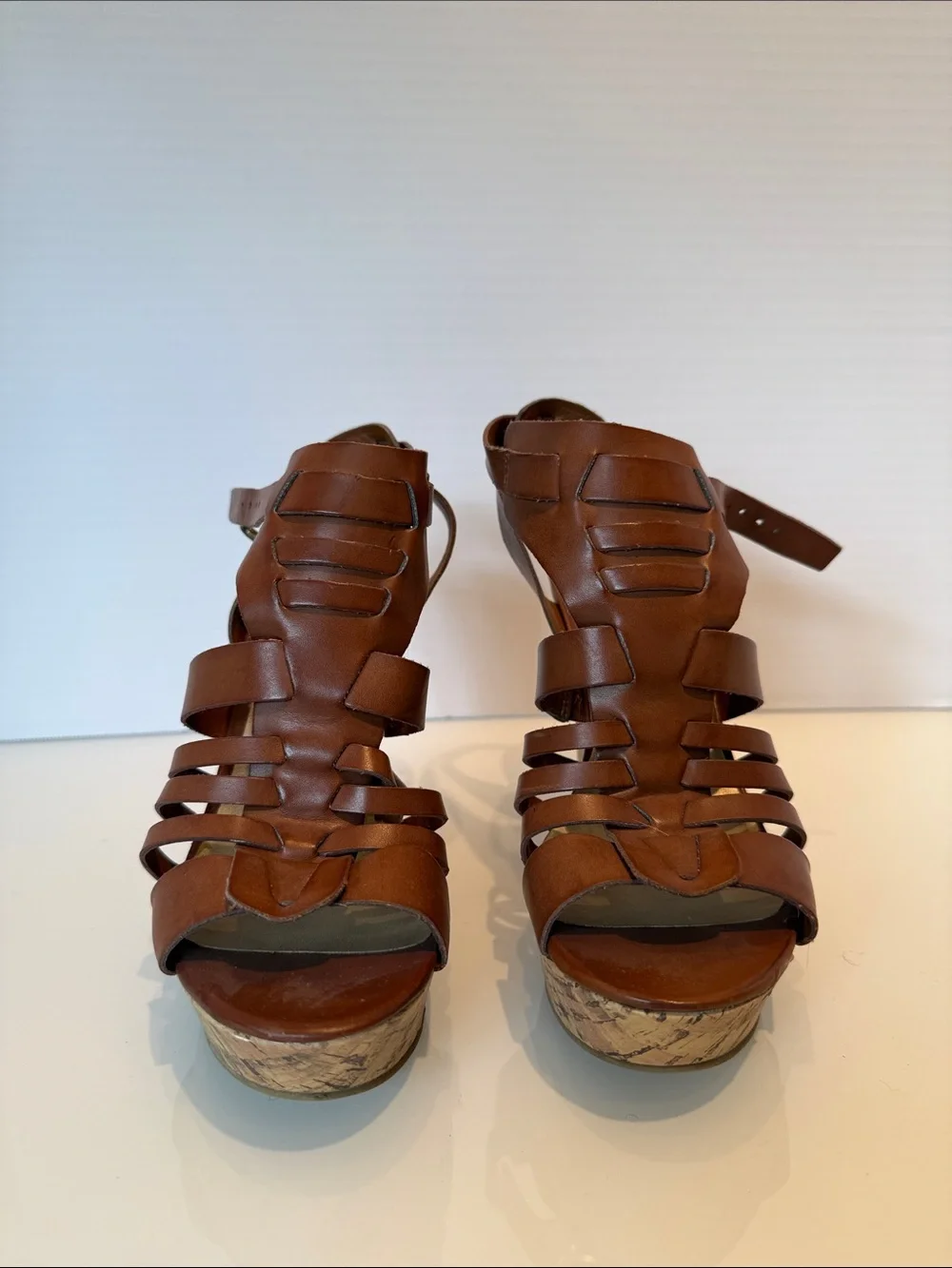 G by Guess Brown Strappy Cork Wedge Sandals with Ankle Buckle